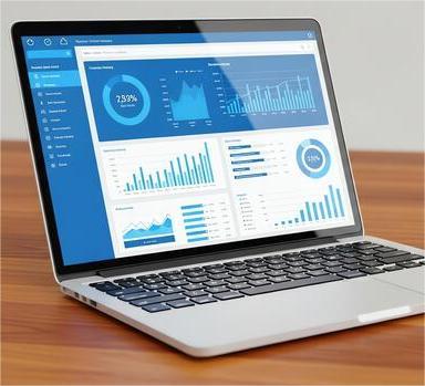 laptop displaying business analytics dashboard with graphs and charts on wooden desk free photo